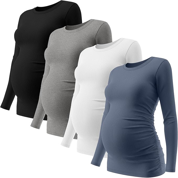 Ficerd 4 Pack Women's Maternity Shirts Cotton Long Sleeve Ribbed Crew Neck Pregnancy Tops Side Ruched Casual Mama Clothes