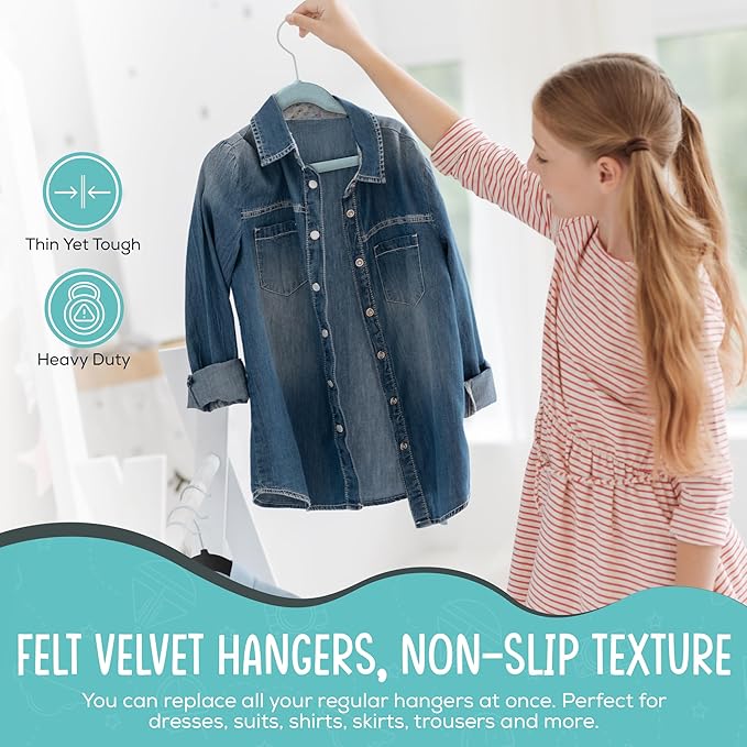 50 Premium Kids Velvet Hangers - 14" Non-Slip Ultra Slim Space-Saving Clothes Hangers with 360° Swivel Hook - Strong & Durable Hangers for Children & Preteens Wardrobe - Blue