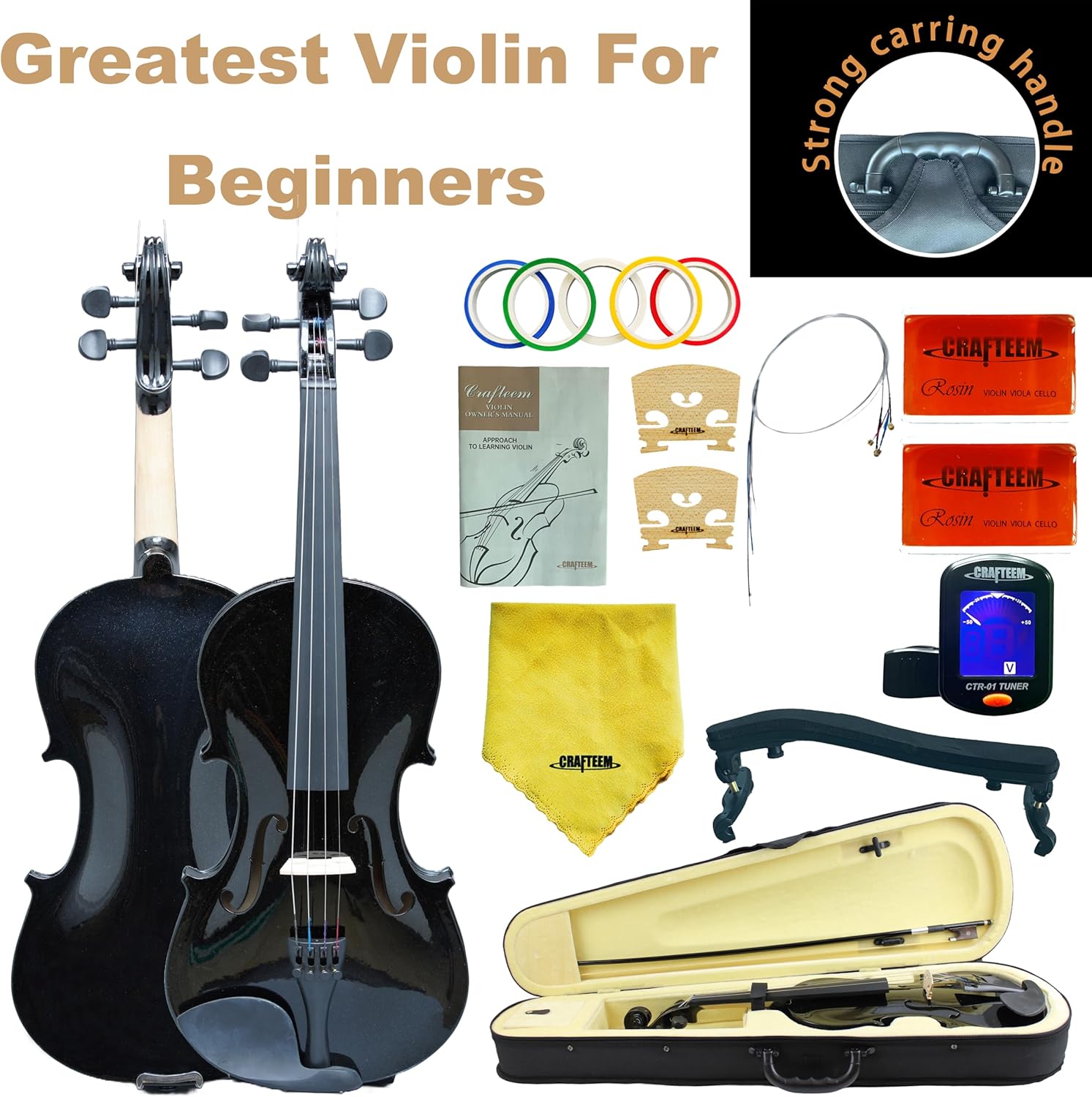 1/4 Fiddle Black Colored Premium Violin Outfit for Beginners Adults Kids With 5 Color Fingering Tape- Handcrafted Student Beginner Violin.(Black, 1/4)
