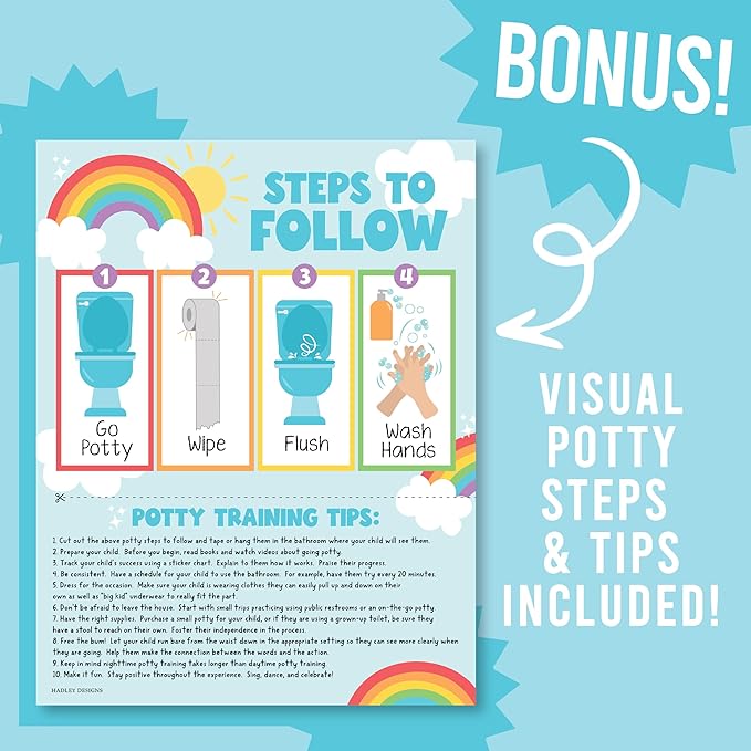 Hadley Designs Potty Training Chart for Toddlers Boys -10 Sticker Potty Chart for Toddlers Girls, 8.5x11" Potty Training Sticker Charts for Toilet Success, Rainbow Toddler Reward Chart for Kids
