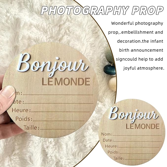 Baby Announcement Sign, 5.9 Inch Wooden Hello World Newborn Signs, "Bonjour Le Monde" Decoration, Birth Announcement Sign, Welcome Newborn Arrival to World, Hospital Nursery for baby