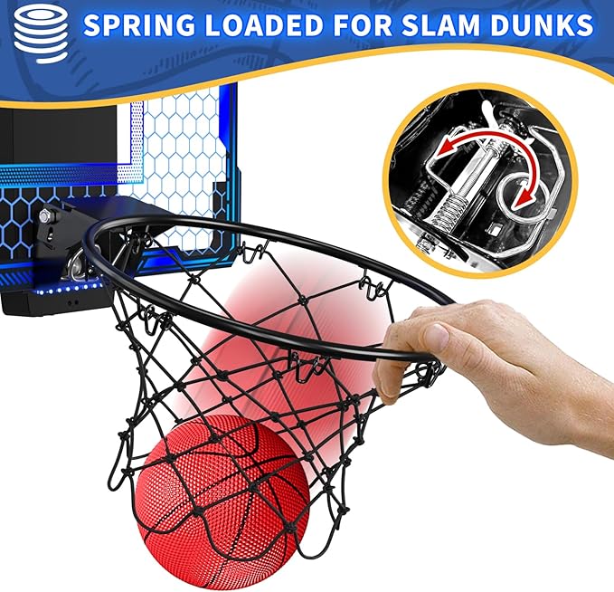 Remote Control Basketball Hoop Indoor with 7 LED Lighting, Mini Basketball Hoop with Electronic Scoreboard, 3 Modes, Over Door Basketball Hoop, Basketball Toys Sport Gifts for Kids, Adults (Blue)