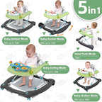 Foldable Baby 5-in-1 Activity Walker - Rocker, Activity Center, Bouncer, Seat Walker, Push Walker - Adjustable Speed Rear Wheels and Height Toys Ages 6-18 Months… (Green)