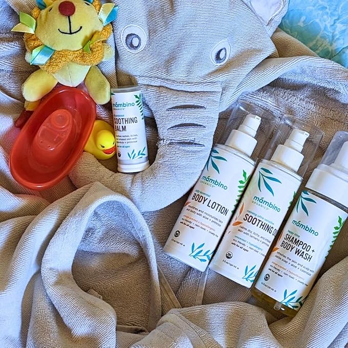Mambino Organics Baby Arrival Essential Care Gift Set - Organic Baby Care Kit - Vegan & Cruelty-Free 4pc Set - Shampoo, Lotion, Soothing Oil & Balm - Ideal Organic Baby Gift Set for New Moms
