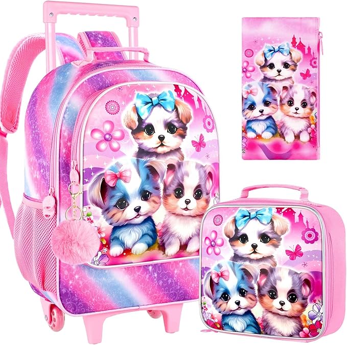gxtvo Rolling Backpack for Girls, Cute Dog Roller Wheels Kids Bookbag - Wheeled Elementary School Bag - 3PCS Dog