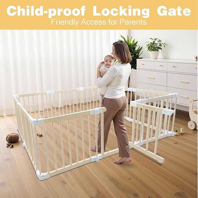Foldable Wooden Playpen for Babies and Toddlers, Baby Play Pen with Gate, Portable Baby Fence Indoor Activity Center, Adjustable Size & Shape, 10 Panels
