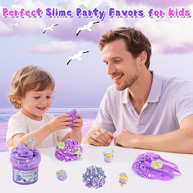 LAWOHO 6 Packs Gradient Purple Slime Kit - Cloud, Butter & Clear Slimes, Crunchy Slimes Kits for Kids with Beach Charms & Add-ins, Party Favors for Girls & Boys, 360ml Soft Non Stick Slime Making Kit