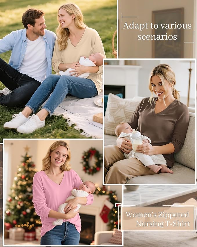 3 Pack Women's Oversize Nursing Shirts for Breastfeeding with Hidden Zippers Loose Fit Long Sleeve Maternity Tops