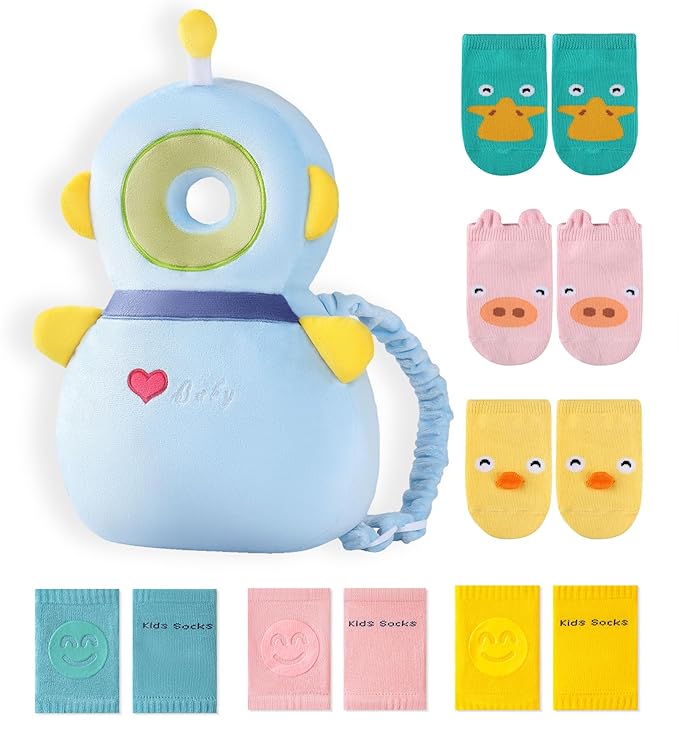 JunNeng Toddler Baby Head Protector Backpack for Toddler Walker with Knee Pads&Anti-Slip Socks, Robot Blue