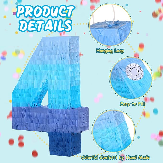 Sratte Number 1 2 3 4 5 6 7 8 9 Piñata with Stick Blindfold Confetti, Gradient Blue Piñata for Kids Boys Girls Birthday Party Anniversary Decorations Supplies(Number 4)