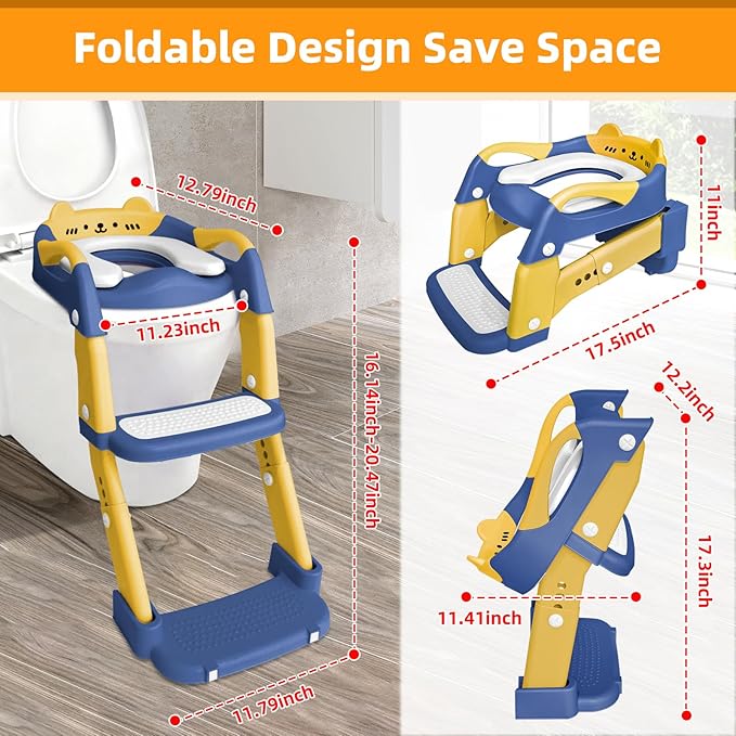 Potty Training Seat, Upgrade Toddler Toilet Seat for Kids Boys Girls, 3 in 1 Potty Training Toilet with Step Stool Ladder-Non Slip Foldable (Blue+Yellow)