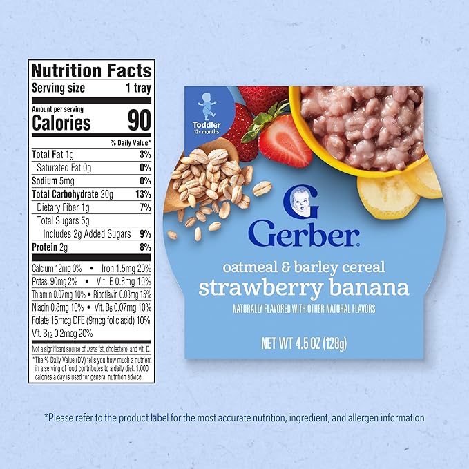 Gerber Toddler Food, Baby Food, Breakfast Oatmeal with Barley, Strawberry Banana Flavor, Cereal, Iron Helps Support Brain Development, 8 Pack
