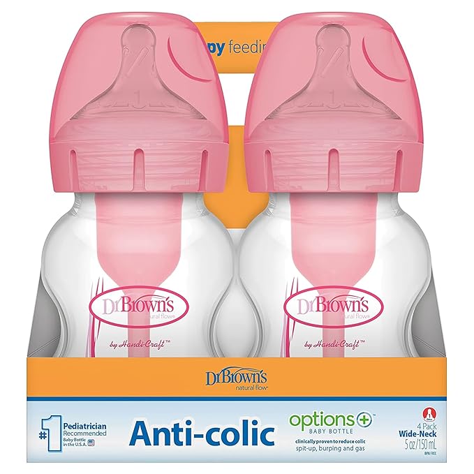 Dr. Brown's Natural Flow Anti-Colic Options+ Wide-Neck Baby Bottles 5 oz/150 mL,with Level 1 Slow Flow Nipple, Pink 4 Pack, 0m+