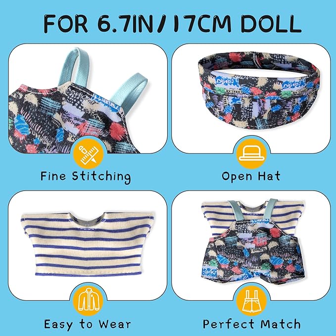 Clothes for 6.7in/17cm Doll, Set of 4 Cute Doll Accessories Includes Doll Hat+T-Shirt+Bib Pants+Shoes Set Premium Fashion Outfit for Collectors Unique Gift (Style B2)