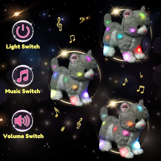 Hopearl LED Musical Stuffed Kitty Lighting Up Singing Plush Cat Adjustable Volume Lullaby Animated Soothe Birthday Gifts for Kids Toddler Girls, Grey, 13.5''
