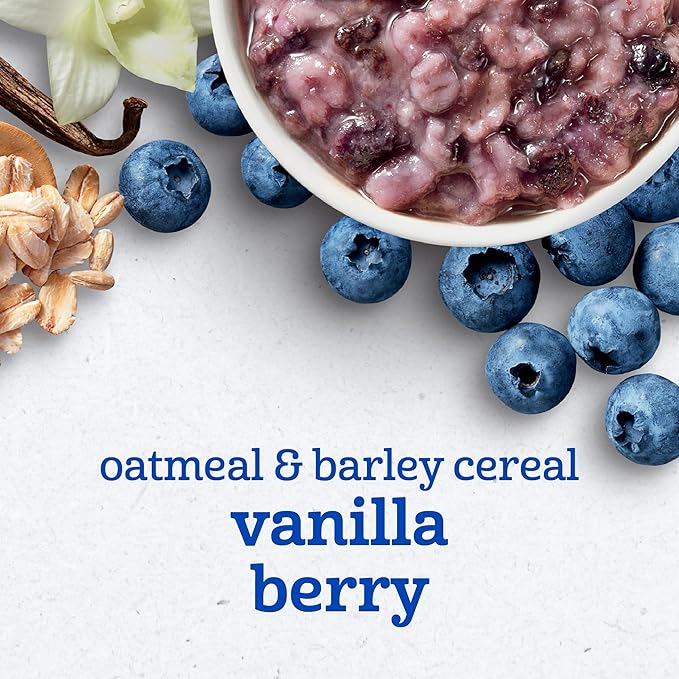 Gerber Toddler Food, Baby Food, Breakfast Oatmeal with Barley, Vanila Berry Flavor, Cereal, Iron Helps Support Brain Development, 8 Pack