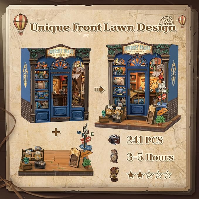 CUTEBEE Book Nook Kit - DIY Miniature House Dollhouse Kit for Adults and Teens, Booknook Tiny House Bookshelf Decor 3D Wooden Puzzle, Gifts for Family, Friends (Journey Trace Bookshop)