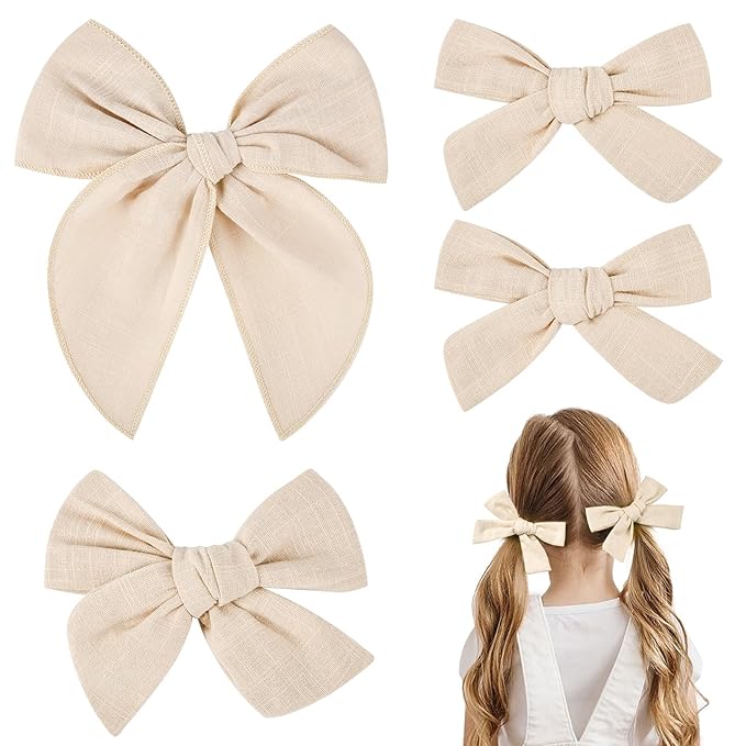DEEKA 4 PCS Beige Cotton Linen Hair Bows 3 Styles 5" & 4" Handmade Hair Bow set for Toddler Girls Alligator Hair Clips Knot Bows Hair Accessories for Little School Girls (Beige)