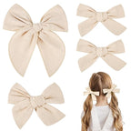 DEEKA 4 PCS Beige Cotton Linen Hair Bows 3 Styles 5" & 4" Handmade Hair Bow set for Toddler Girls Alligator Hair Clips Knot Bows Hair Accessories for Little School Girls (Beige)