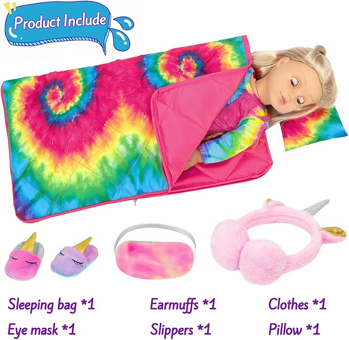 K.T. Fancy 18 Inch Girl Doll Clothes and Accessories Sleeping Bag Set Rainbow Angel of Doll Sleeping Bag, Pajamas, Shoes, Eye Mask, and Doll Pillow Outfits