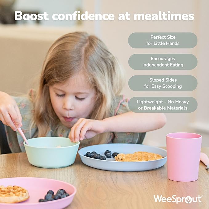 WeeSprout Bamboo Kids Bowls, Set of Four 10 oz Kid-Sized Bamboo Bowls, Dishwasher Safe Kid Bowls (Pastel Blue, Mint, Purple & Pink)