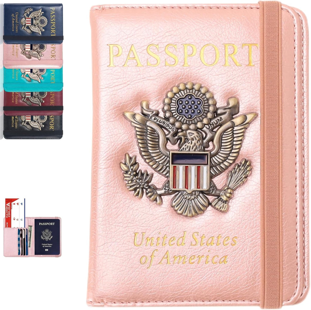 Passport Holder Cover Travel Wallet RFID Blocking Passport Wallets Family Organization Personalized Wallet Case for Men and Women Travel Must Haves(Rose gold)