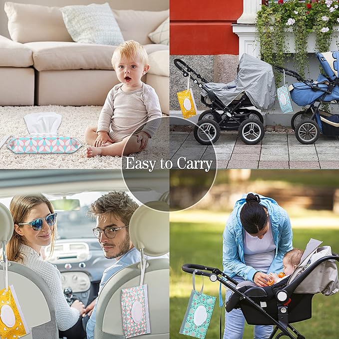 FEBSNOW 4 Pack Baby Wipe Dispenser, Portable Refillable Wipe Holder, Baby Wipes Container, Wipe Dispenser, Reusable Travel Wet Wipe Pouch (Floral)