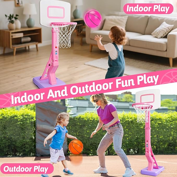 Toddler Pink Basketball Hoop Indoor Outdoor Age 1-3, Adjustable Kids Basketball Hoop with 3 Balls Backyard Outside Girls Basketball Goal Sport Toys for 1 2 3 4 Year Old Baby Girl Birthday Gifts