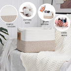 COMFY-HOMI Cotton Rope Woven Basket with Handles for Shelves,Toys,Book, Cloth Storage Baskets for Organizing-13.5" x 11" x 9.5" Toy Decorative Organizer for Living Room, Bathroom （White/Brown）