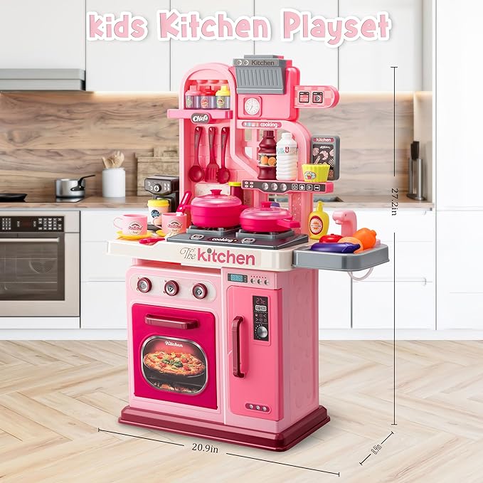Kids Kitchen Playset-53pcs Cooking Stove,Paly Sink,Oven,Kitchen Toys with Realistic Lights&Sounds，Pretend Play Toys,Kitchen Toys for Toddlers 1 2 3 (Pink)