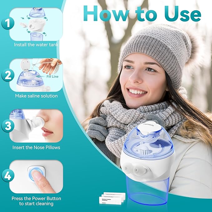 Advanced Nasal Irrigation System, Rechargeable Sinus Rinse Kit with 1 Nose Cleaner and 15 Salt Packets, Self-Cleaning Nasal Irrigator, Safety-Protection for Congestion Relief & Nasal Rinse