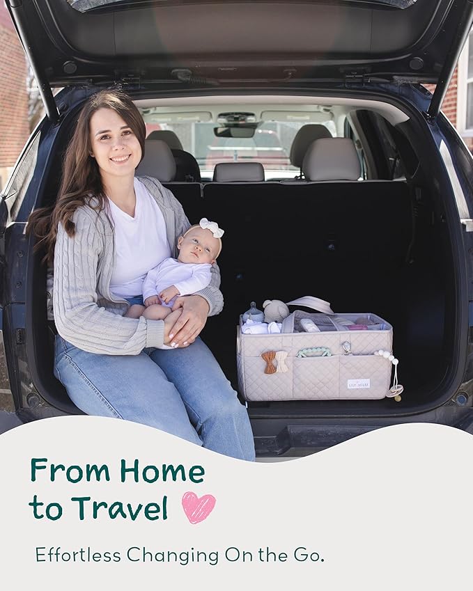 Lily Miles Baby Diaper Caddy Organizer, Quilted Nursery Storage Organizer for Newborn Essentials and Diaper Changing Station, Gift for Baby Shower and Registry Must-Have (Soft Sand)