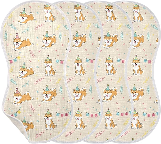 4 Pack Muslin Burp Cloths Shiba Dogs Party Beige Cotton Baby Burp Cloths Ultra Absorbent Soft Thick Burping Cloth for Newborn Baby Boys Girls 22x11 Inch