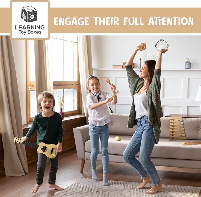 Natural Wood Musical Toys for Toddlers 1-3, Kids Musical Instruments set of 7 items Kids Guitar Egg shakers Flute Instruments Maracas Baby Xylophone Tambourine Castanets, Toddler learning Toys Experts