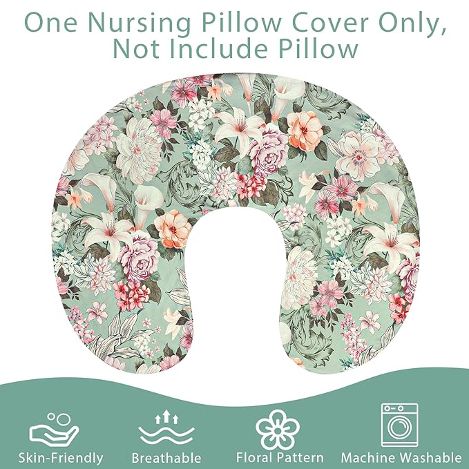 Nursing Pillow Cover for Baby Girls Boys, Green Breastfeeding Pillow Cover, Stretchy Removable Feeding Pillow Case for Newborns, Ultra Soft and Comfortable Nursing Pillow Slipcover, Floral