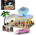 Interstellar-Diner Lighting-Building-Bricks City Set - 2188 Pcs Road UFO Drive-in Restaurant Modular Collection LED Light Space Car Restaurant Set for Adults and Travelling Enthusiasts