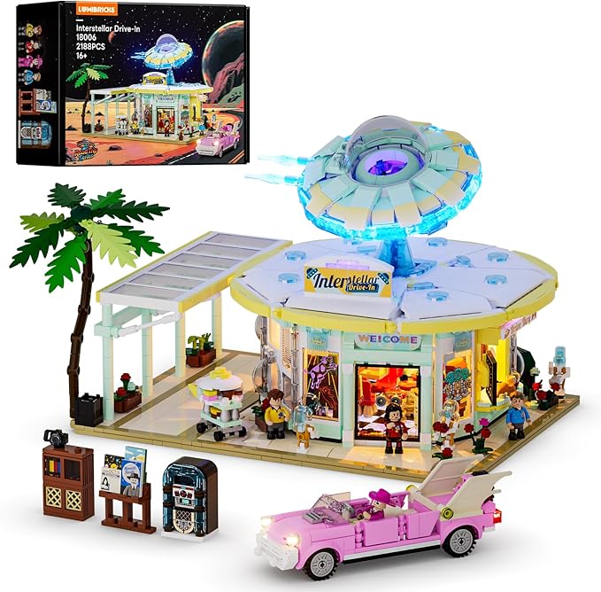 Interstellar-Diner Lighting-Building-Bricks City Set - 2188 Pcs Road UFO Drive-in Restaurant Modular Collection LED Light Space Car Restaurant Set for Adults and Travelling Enthusiasts