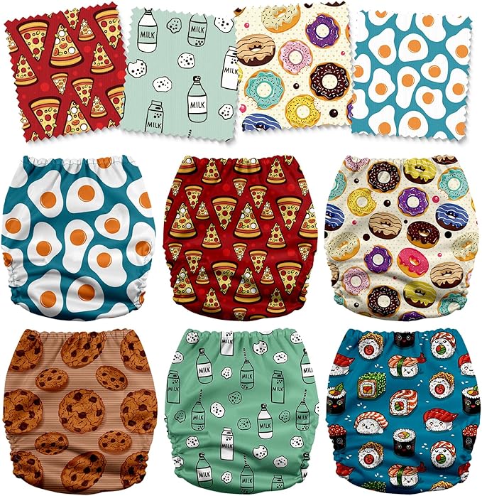 Mama Koala 3.0 Cloth Diapers for Babies, 6 Pack One Size Washable and Reusable Pocket Diapers for Newborns and Toddlers (Food Meeting)