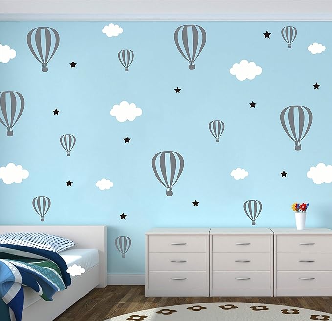 Hot Air Balloons Clouds and Stars Nursery Decor DIY Wall Stickers Bedroom Self Adhesive JW577 (Color 1)