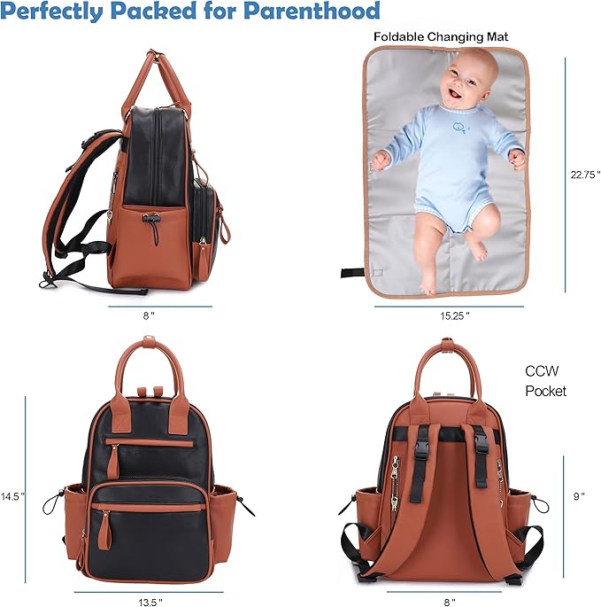 JESSIE & JAMES Saturday EDC Diaper Bag Backpack Multi Function Diaper Bag with Changing Pad & Stroller Straps_Black/Brown