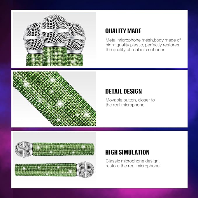 Sanwuta Fake Microphone Prop Sparkly Bling Rhinestones Plastic Play Microphone Pretend Glitter Bedazzled Mic for Cosplay Party Costume(Light Green)