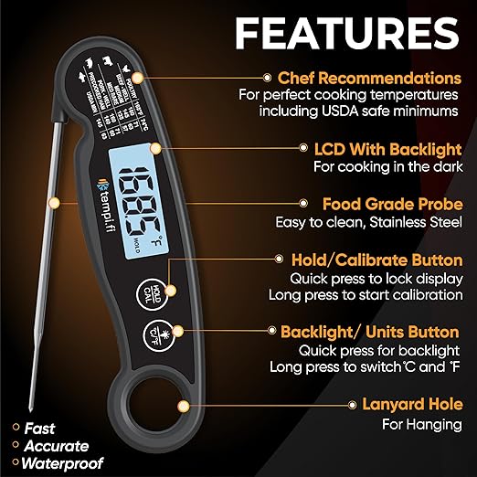 Instant Read Thermometer | Ultra-Fast & Waterproof | Bright Backlight & Food Grade Probe | Auto Shut-Off | Includes Meat Temperature Chart | Perfect for Kitchen & Grilling