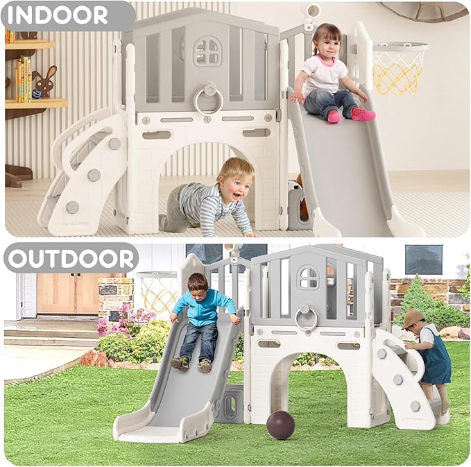 YUFU 8 in 1 Toddler Slide Set, Kids Slide for Toddlers Age 1-3, Toddler Playset with Climber, Basketball Hoop and Ball, Outdoor Indoor Playground for Toddlers 1-3 (Beige+Gray)