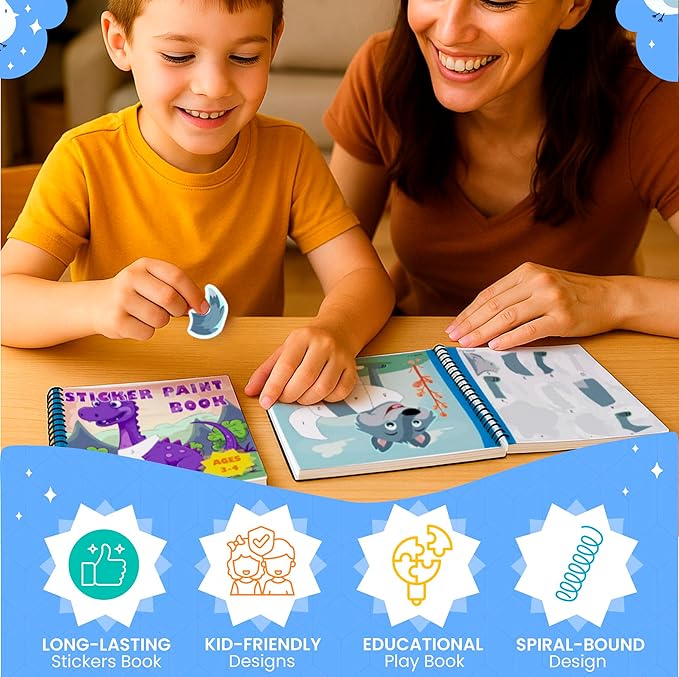 BulbaCraft 4Pcs Sticker Paint Books for Boys - Sticker Books by Number with Dinosaurs, Trucks, Animals and Under The Sea - Coloring Activity for Kids