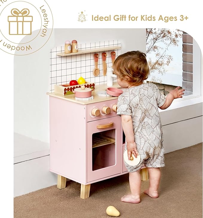 Pink Wooden Play Kitchen with Realistic Features & Accessories, Pretend Cooking Toy for Kids 3+, Ideal Gift for Toddler Boy and Girls