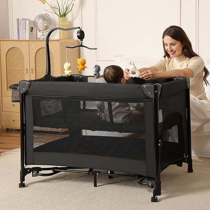 Pack and Play, Baby Bassinets Bedside Sleeper, Portable Crib, Diaper Changing Table & Baby Play Yard - Breathable Mesh & Steel Frame - Foldable for Newborn to Toddler (Black)