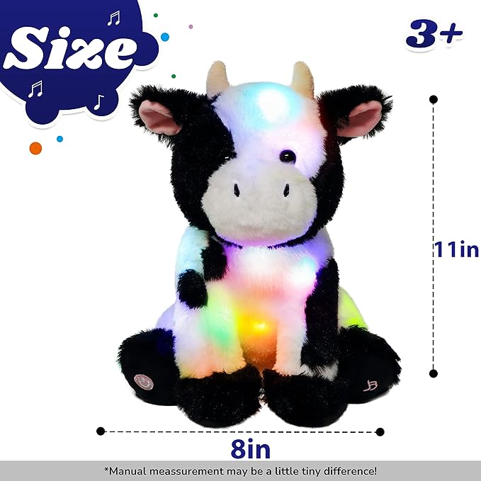 Cuteoy Light-up Singing Plush Cow LED Musical Stuffed Animal Adjustable Volume Lullaby Plushies Birthday Christmas Toy Gifts for Kids Toddler Girls, 13"