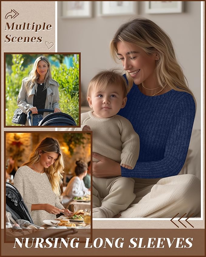 3 Pack Women's Nursing Long Sleeve Tops Breastfeeding Thermal Sweaters with Hidden Zipper Maternity Ribbed Shirts
