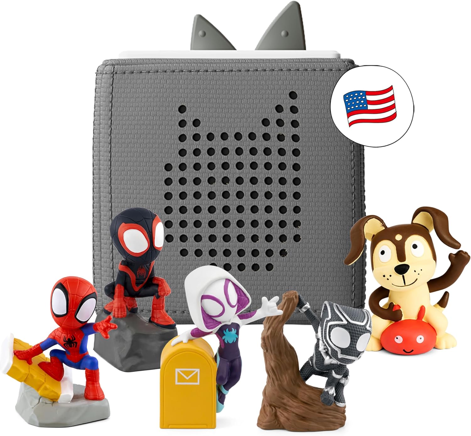 Toniebox Audio Player Starter Set with Spidey, Ghost-Spider, Spin, Black Panther, and Playtime Puppy - Listen, Learn, and Play with One Huggable Little Box - Gray