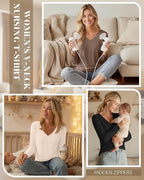 Huukeay 3 Pack Women's Long Sleeve Nursing Tops, Breastfeeding Hidden Zippers Shirts V Neck Maternity Pregnancy Tees Clothes